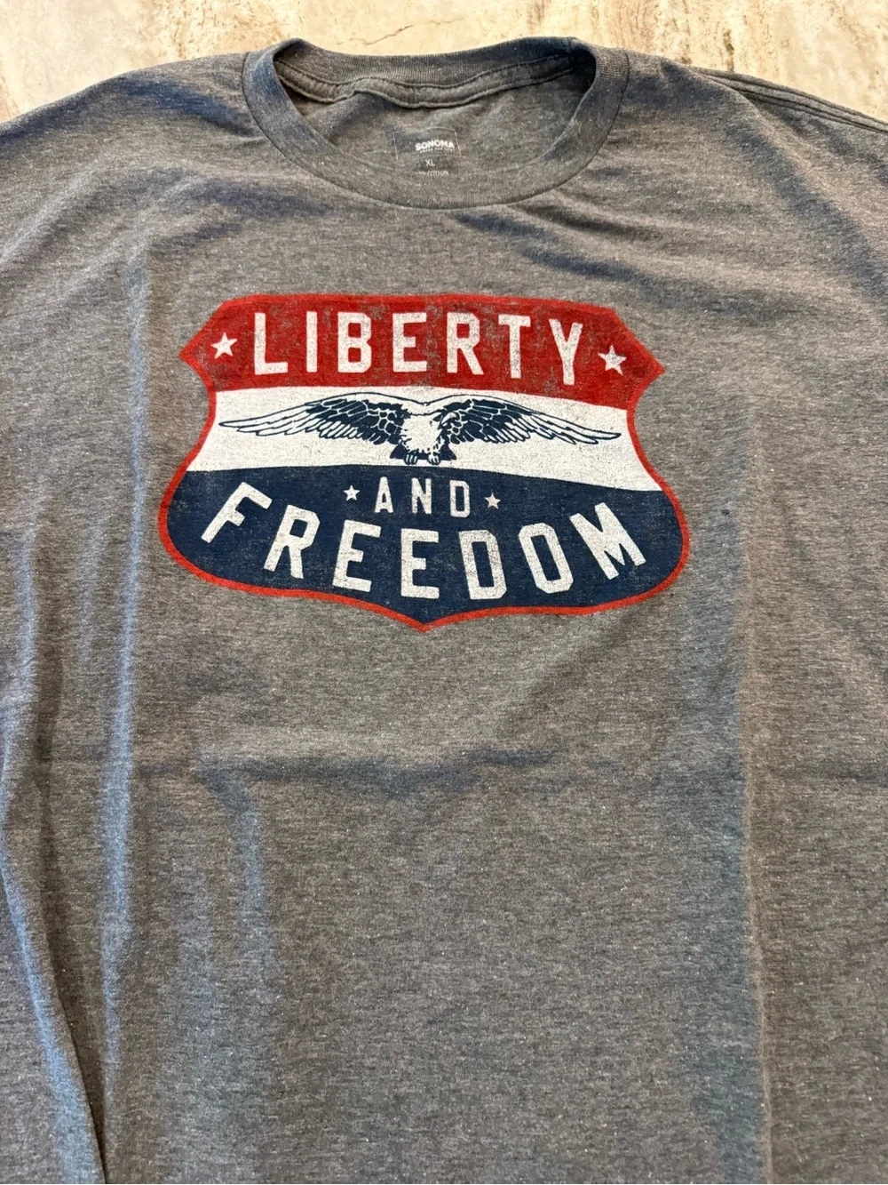 Sonoma Gray Short Sleeve Tee with Red, White & Blue Liberty Graphic Size XL